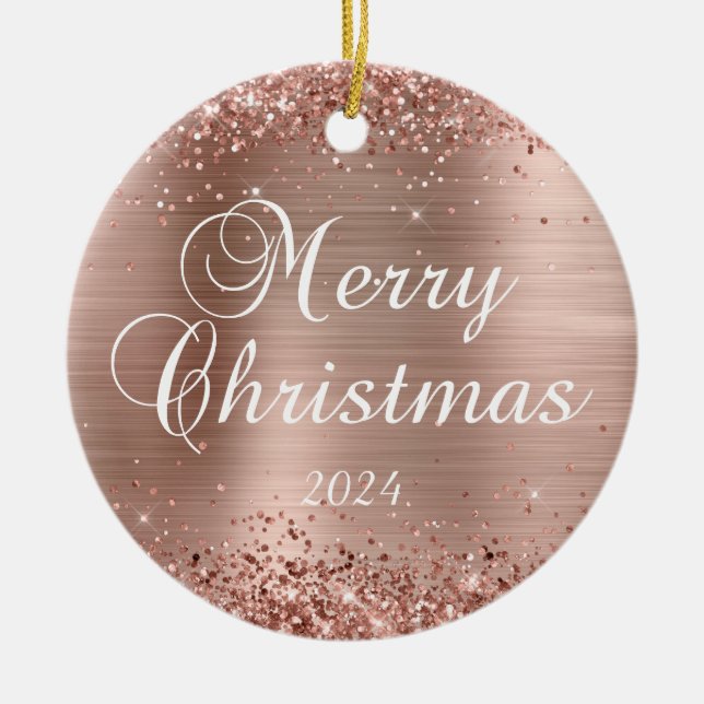 Glittery Rose Gold Merry Christmas Family Photo Ceramic Ornament (Front)