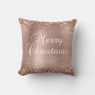Glittery Rose Gold Merry Christmas Family Photo Cushion