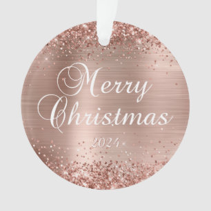Glittery Rose Gold Merry Christmas Family Photo Ornament