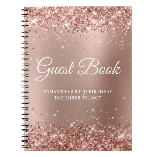 Glittery Rose Gold Ombre 60th Birthday Guestbook Notebook (Front)
