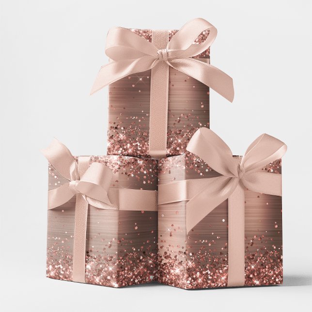 Glittery Rose Gold Ombre Foil Wrapping Paper Sheet (Shadowed Rose Gold Glitter and Foil Gift Wrap Sample)