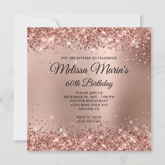 Glittery Rose Gold Ombre Monogram 60th Birthday Invitation (Front)