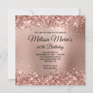 Glittery Rose Gold Ombre Monogram 60th Birthday Invitation