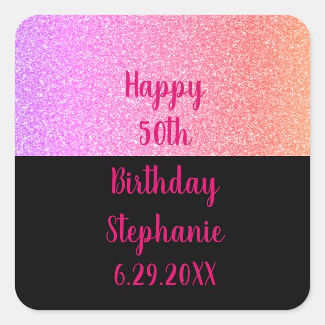 Glittery Rose Gold Pink Black Happy Birthday Name Square Sticker (Front)