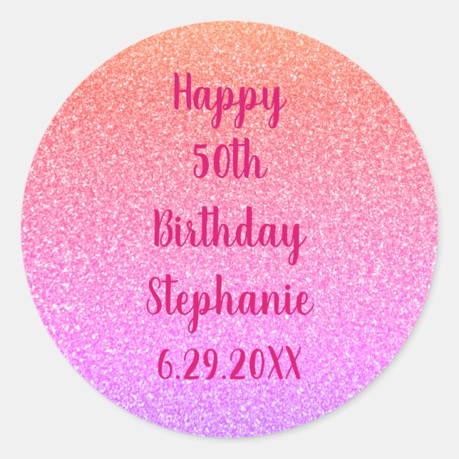 Glittery Rose Gold Pink Custom Happy Birthday Name Classic Round Sticker (Front)