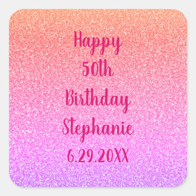 Glittery Rose Gold Pink Custom Happy Birthday Name Square Sticker (Front)