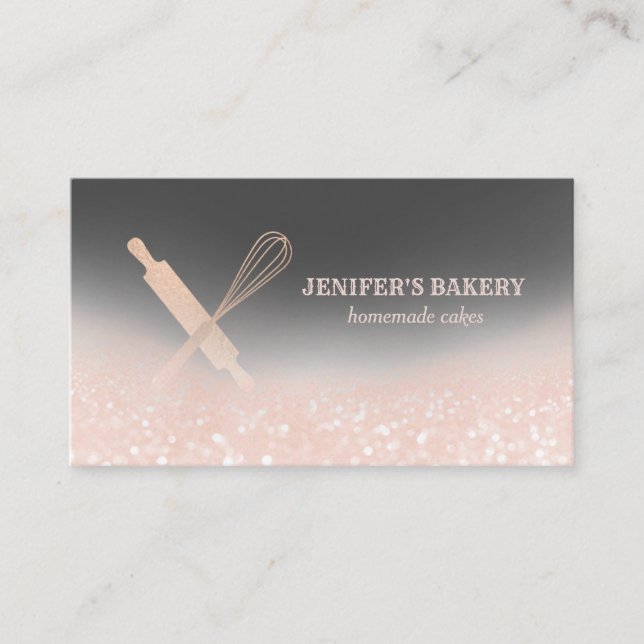 Glittery rose gold rolling pin whisk chef bakery business card (Front)