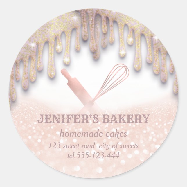 Glittery rose gold rolling pin & whisk chef bakery classic round sticker (Front)