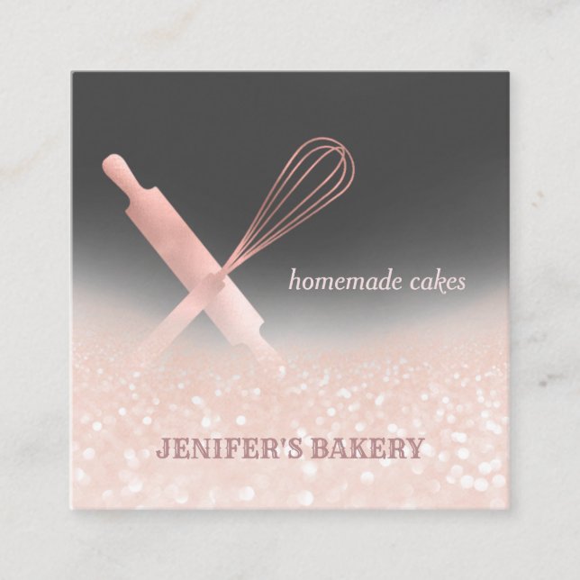 Glittery rose gold rolling pin whisk chef bakery square business card (Front)