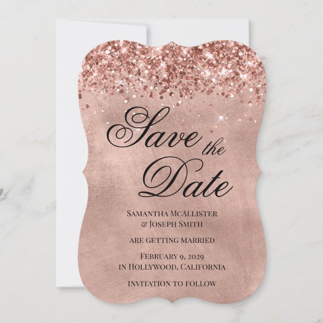 Glittery Rose Gold Save the Date (Front)