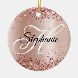 Glittery Rose Gold Shimmer Fancy Monogram Ceramic Ornament