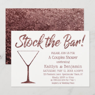 Glittery Rose Gold Stock the Bar Couples Shower Invitation