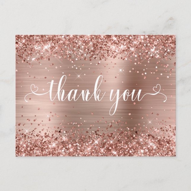 Glittery Rose Gold Sweet 16 Hearts Thank You Postcard (Front)