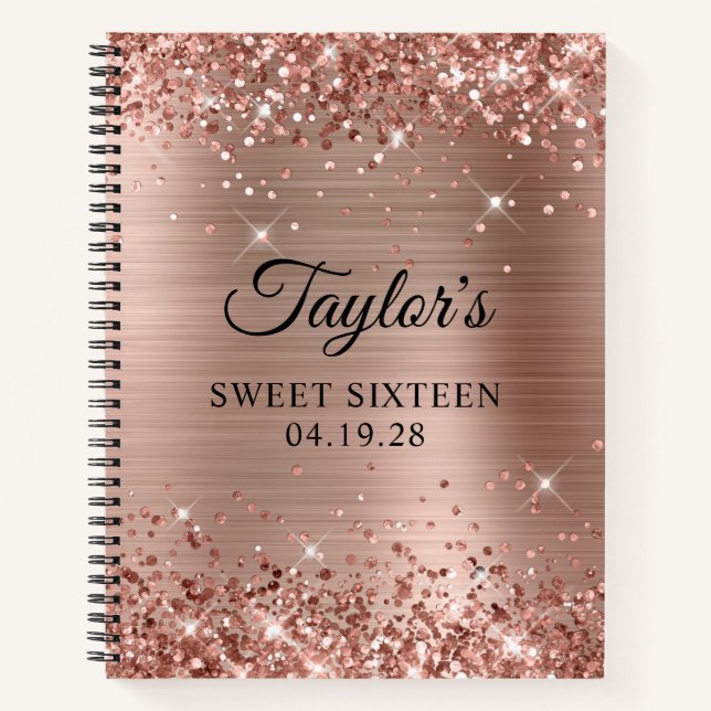 Glittery Rose Gold Sweet Sixteen Guest Notebook (Front)