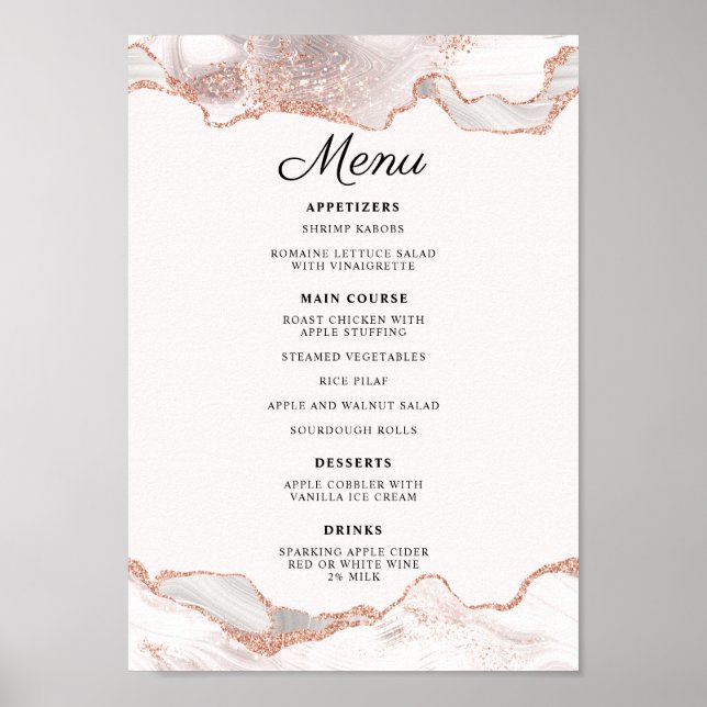Glittery Rose Gold White Agate 2 Border Menu A4 Poster (Front)