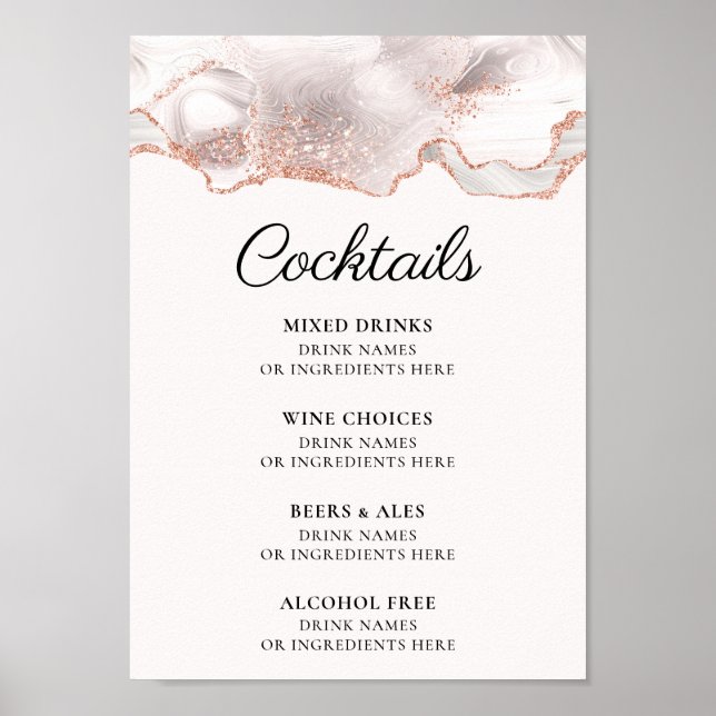 Glittery Rose Gold White Agate Cocktail Menu A4 Poster (Front)