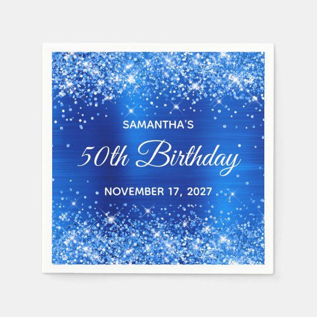 Glittery Royal Blue Foil 50th Birthday Napkin (Front)