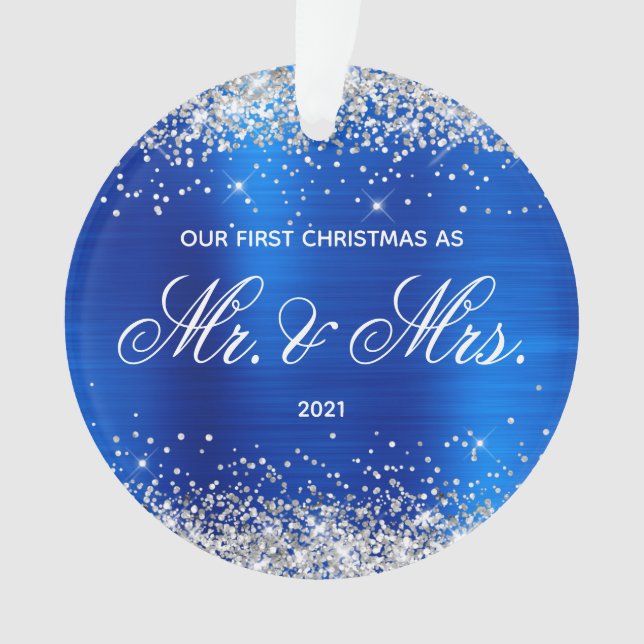 Glittery Royal Blue Foil Our First Christmas Ornament (Front)