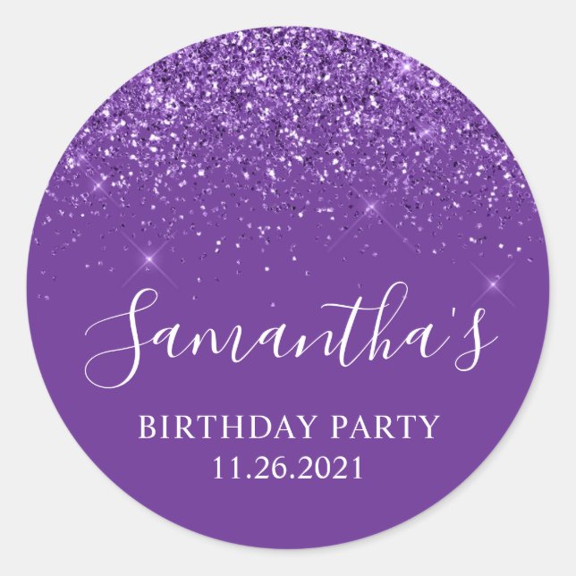Glittery Royal Purple Birthday Party Classic Round Sticker (Front)