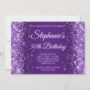 Glittery Royal Purple Monogram 50th Birthday Invitation