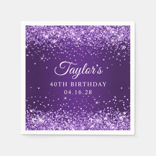 Glittery Royal Purple Ombre 40th Birthday Guest Napkin (Front)