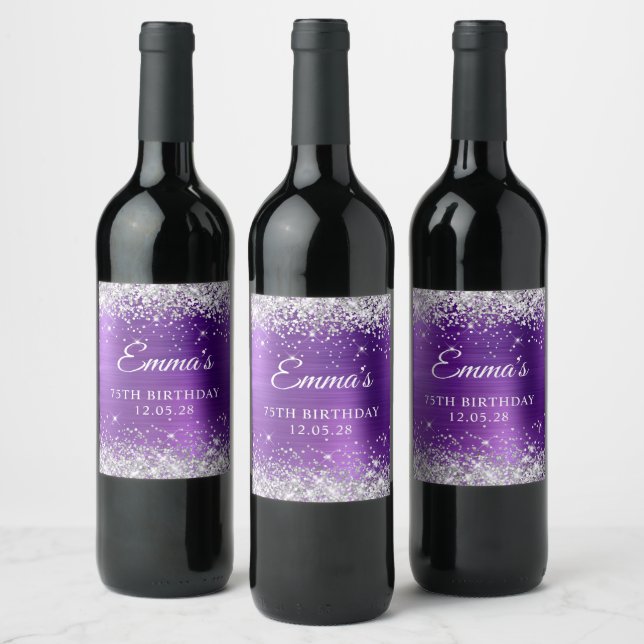 Glittery Silver Amethyst Foil 75th Birthday Wine Label (Bottles)