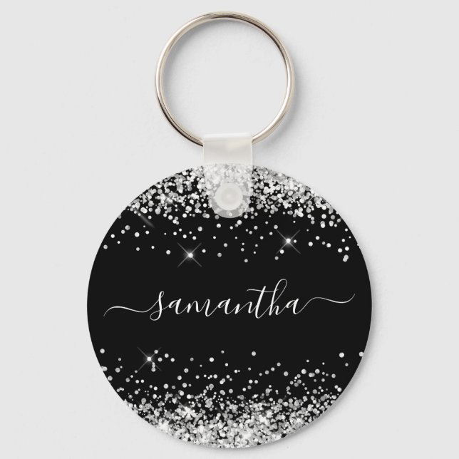 Glittery Silver and Black Girly Name Key Ring (Front)