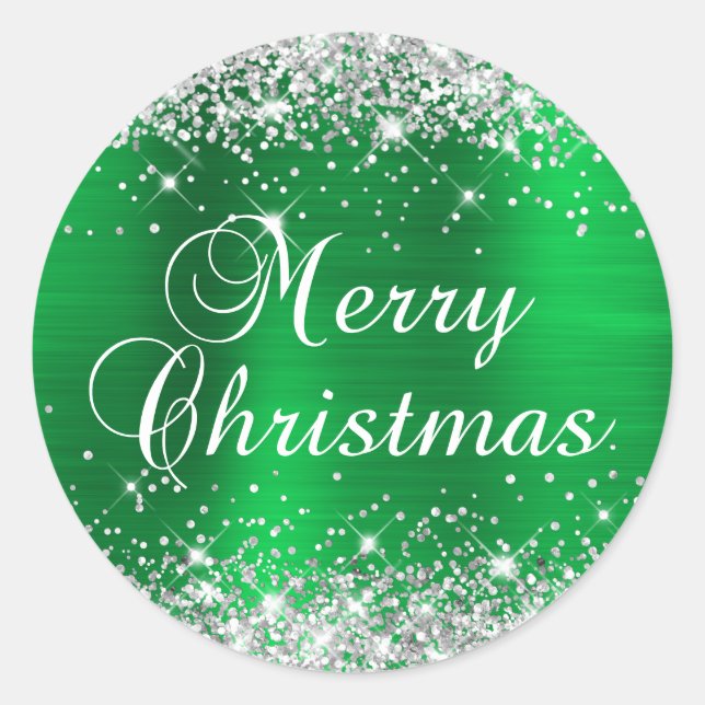 Glittery Silver and Green Foil Merry Christmas Classic Round Sticker (Front)