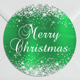 Glittery Silver and Green Foil Merry Christmas Classic Round Sticker