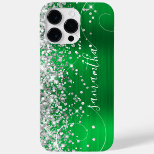 Glittery Silver and Green Glam Curly Signature Case-Mate iPhone 14 Pro Max Case