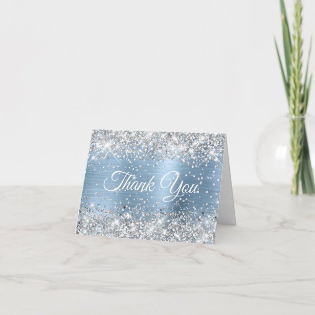 Glittery Silver and Light Blue Foil 40th Birthday Thank You Card (Front)