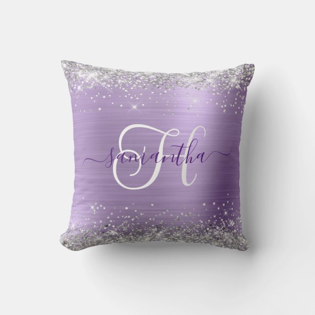 Glittery Silver and Light Purple Glam Monogrammed Cushion (Front)