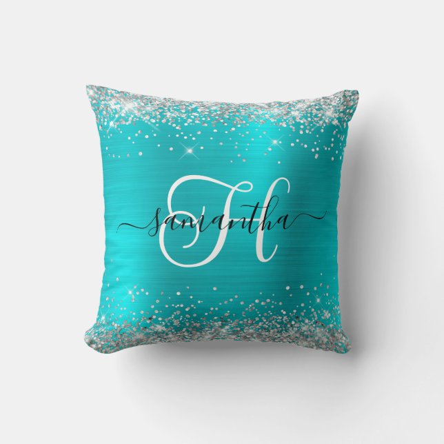 Glittery Silver and Turquoise Blue Monogrammed Cushion (Front)