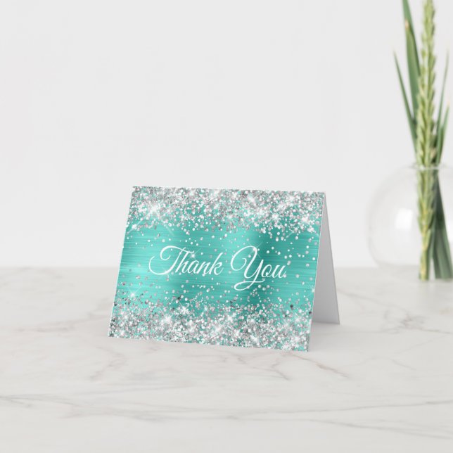 Glittery Silver and Turquoise Foil 40th Birthday Thank You Card (Front)