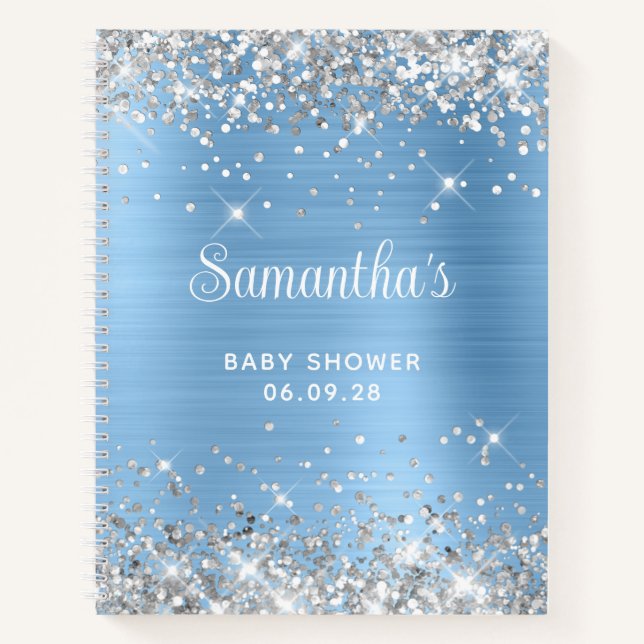 Glittery Silver Blue Foil Baby Shower Guest Notebook (Front)