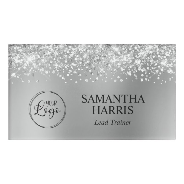 Glittery Silver Blur Logo Name Tag (Front)