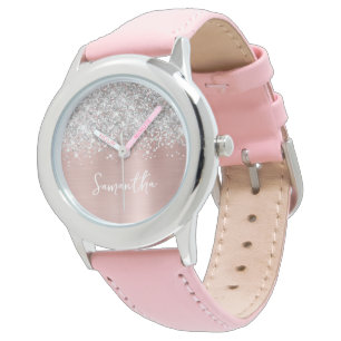 Glittery Silver Blush Pink Glam White Name Watch