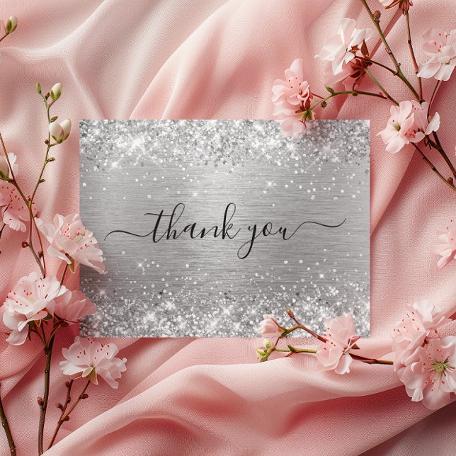 Glittery Silver Brushed Metal Birthday Thank You Postcard (Glittery Silver Brushed Metal Birthday Thank You Postcard)