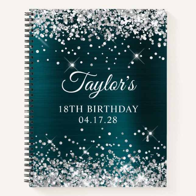 Glittery Silver Dark Turquoise Foil 18th Birthday Notebook (Front)