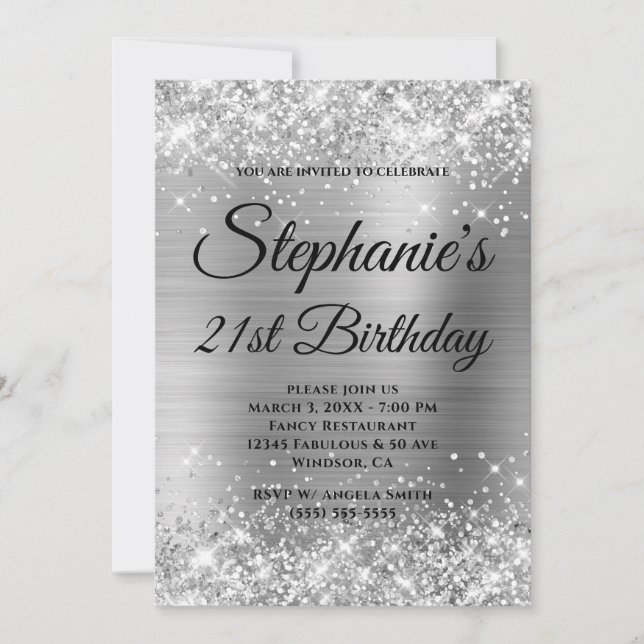 Glittery Silver Fancy Monogram 21st Birthday Invitation (Front)
