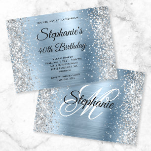 Glittery Silver Fancy Monogram 40th Birthday Invitation
