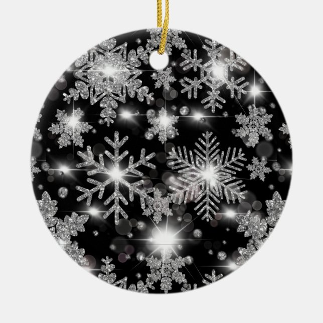 Glittery silver festive snowflake pattern  ceramic ornament (Front)