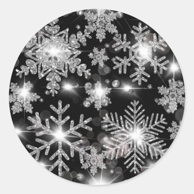 Glittery silver festive snowflake pattern   classic round sticker (Front)