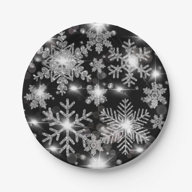 Glittery silver festive snowflake pattern  paper plate (Front)