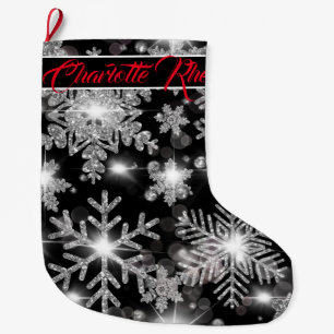 Glittery silver festive snowflakes pattern  large christmas stocking
