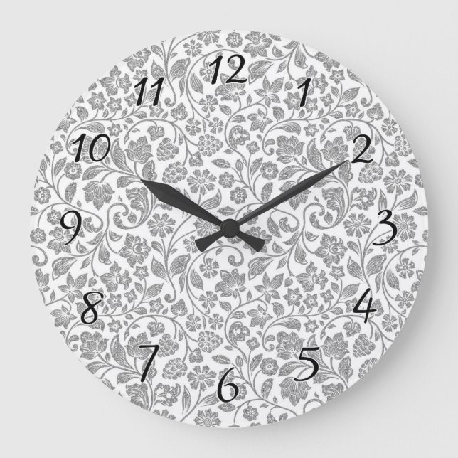 Glittery Silver Floral on White Large Clock (Front)