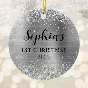 Glittery Silver Foil 1st Christmas Photo Ceramic Ornament