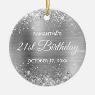 Glittery Silver Foil 21st Birthday Ceramic Ornament