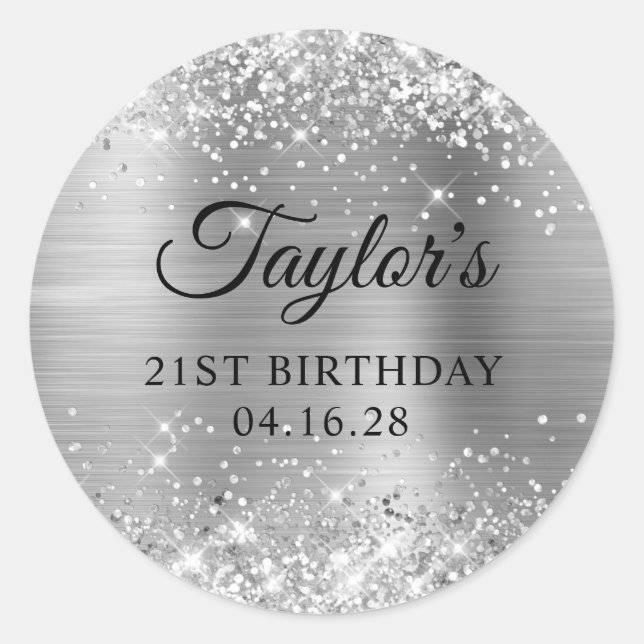 Glittery Silver Foil 21st Birthday Classic Round Sticker (Front)