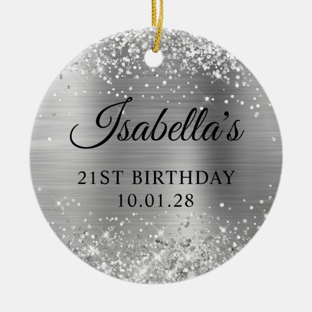 Glittery Silver Foil 21st Birthday Photo Ceramic Ornament (Front)